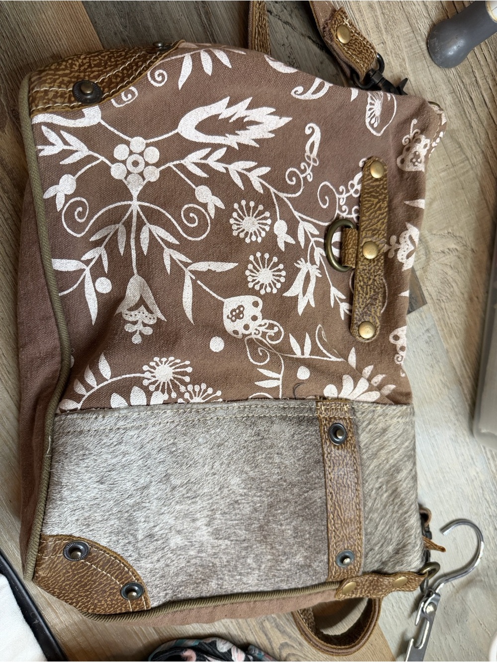 Myra Bag Brown and White Floral Canvas Shoulder Bag with Leather Trim
